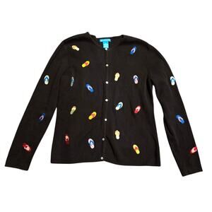 Alexandra Bartlett Black L Embroidered Flip Flop Cardigan Sweater 100% Cotton